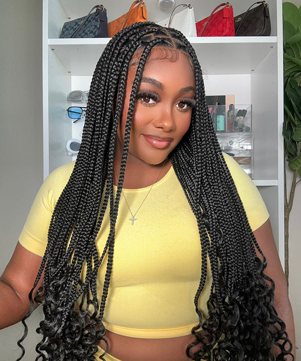 36" Small Square Knotless Braids with Curly Ends 13*8 Full Lace Front Box Braided Wig