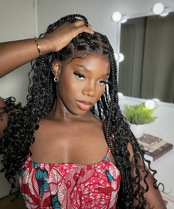 36" Boho Knotless Braids Small Square Full HD Lace Box Braided Curly Lace Front Wig