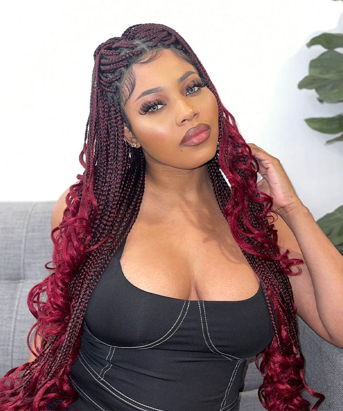 Knotless Braids with Curls - FANCIVIVI 36 Inch Box Braid Wig Red 4