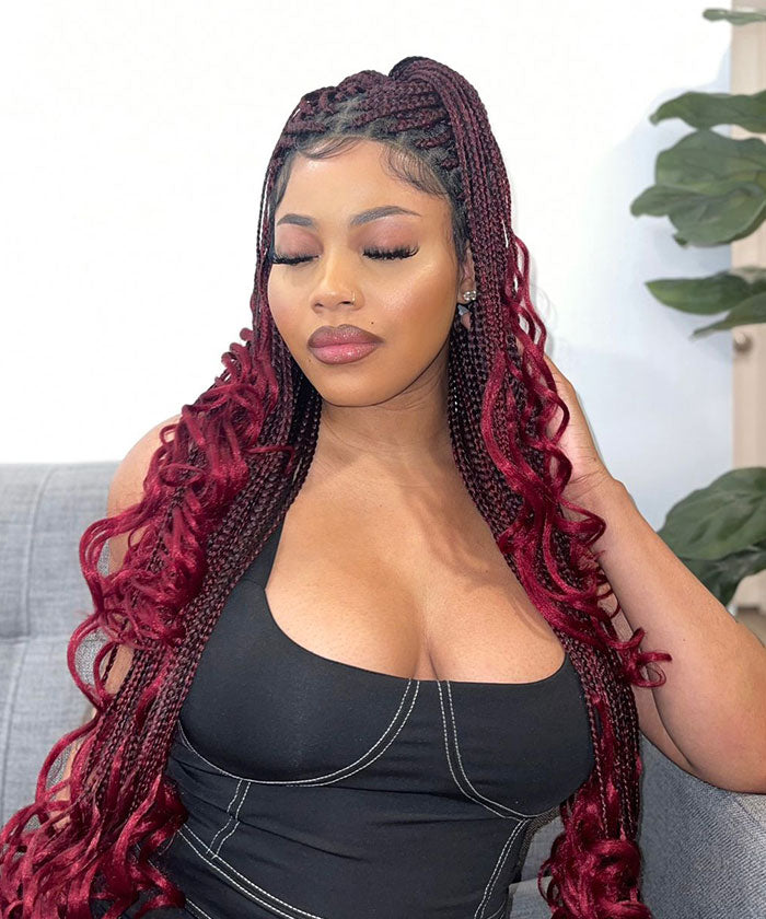 Knotless Braids with Curls - FANCIVIVI 36 Inch Box Braid Wig Red 2