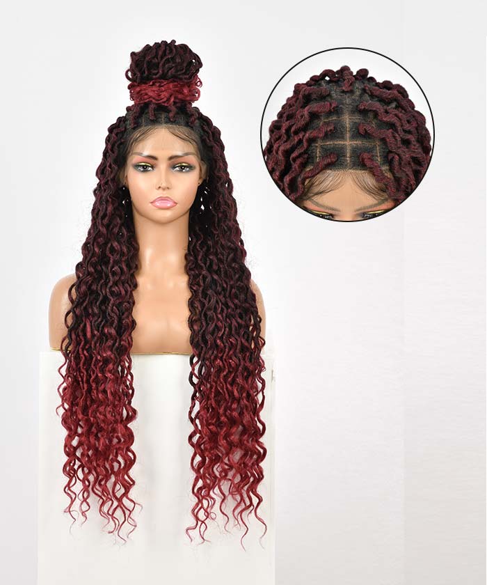 Locs with Curly Ends - FANCIVIVI 32 Inch Boho Curls Locs Braided Wig Red Detail 4